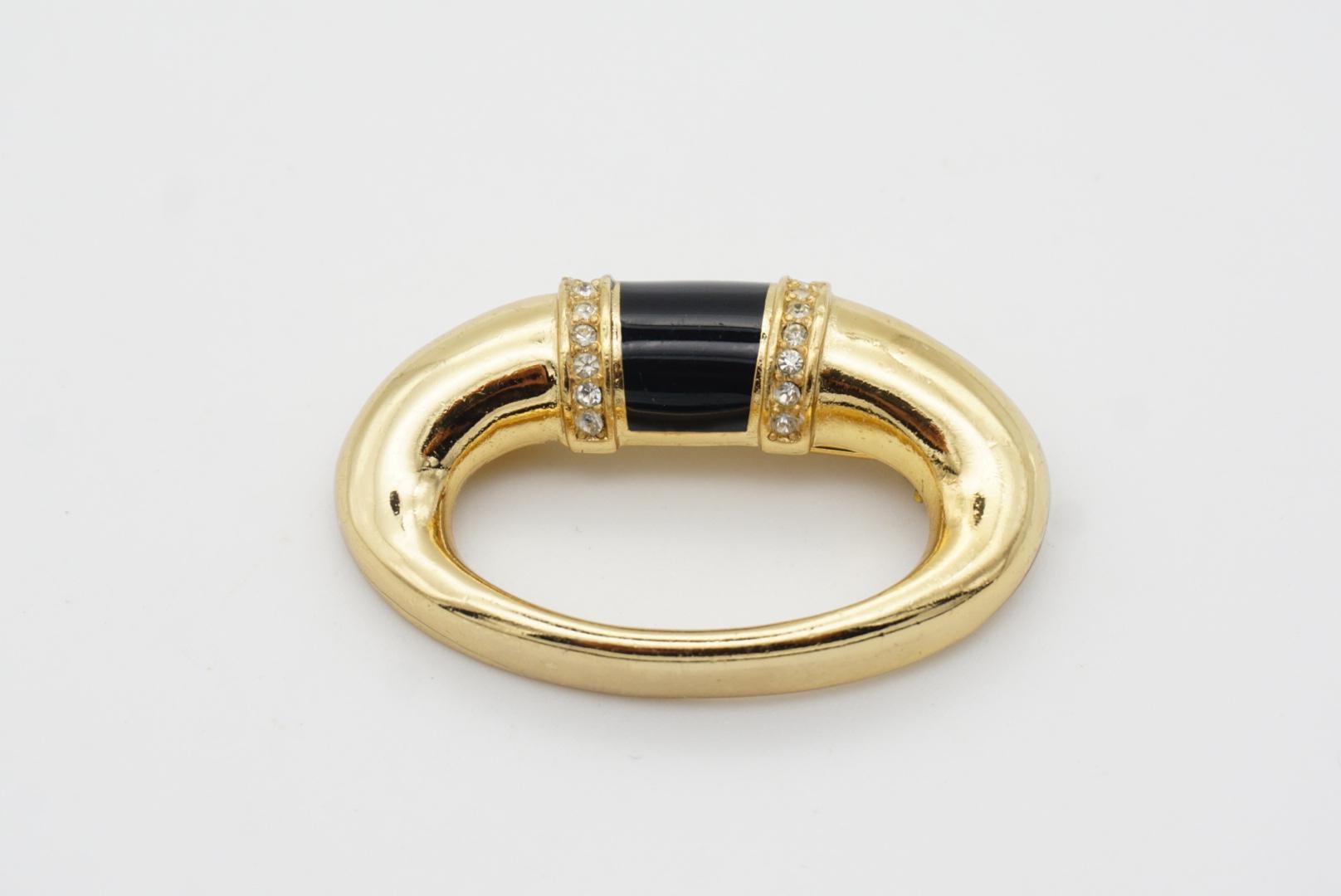 Christian Dior 1980s Vintage Oval Door Knock Enamel Black Crystals Gold Brooch  For Sale 5