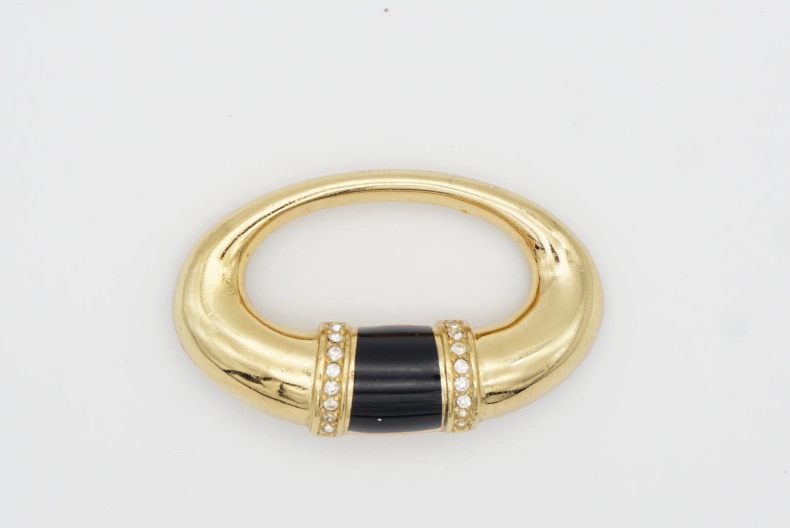 Christian Dior 1980s Vintage Oval Door Knock Enamel Black Crystals Gold Brooch  For Sale 6