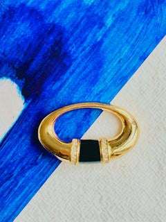 Christian Dior 1980s Vintage Oval Door Knock Enamel Black Crystals Gold Brooch