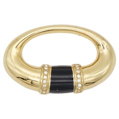 Christian Dior 1980s Vintage Oval Door Knock Enamel Black Crystals Gold Brooch