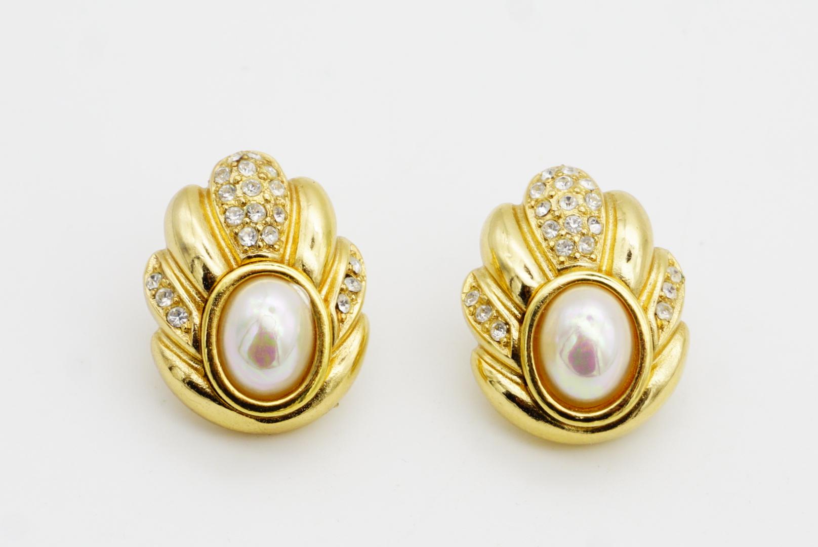 Christian Dior 1980s Vintage Oval White Pearl Crystals Flower Pierced Earrings For Sale 6