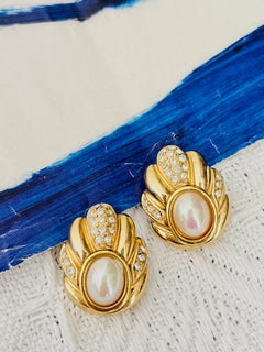 Christian Dior 1980s Vintage Oval White Pearl Crystals Flower Pierced Earrings