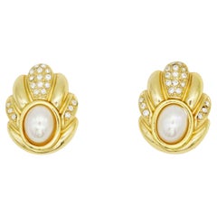 Christian Dior 1980s Vintage Oval White Pearl Crystals Flower Pierced Earrings
