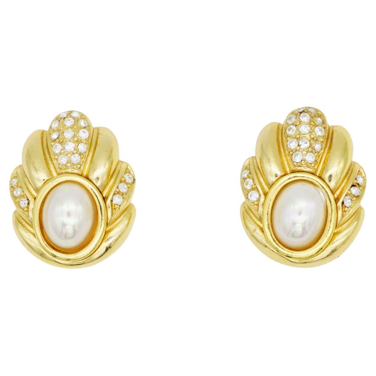 Christian Dior 1980s Vintage Oval White Pearl Crystals Flower Pierced Earrings For Sale