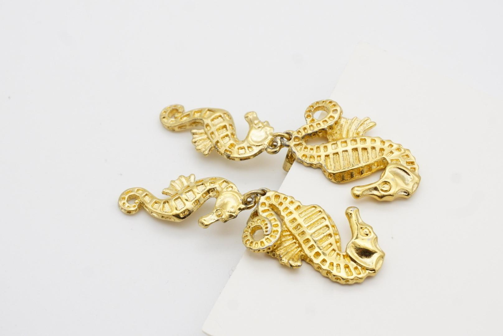 Christian Dior 1980s Vintage Relief Double Seahorse Long Dangle Clip Earrings For Sale 5