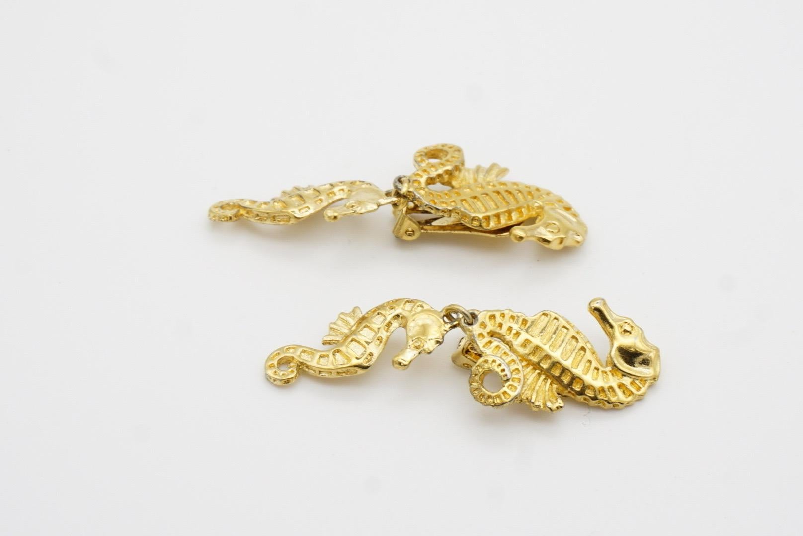 Christian Dior 1980s Vintage Relief Double Seahorse Long Dangle Clip Earrings For Sale 6