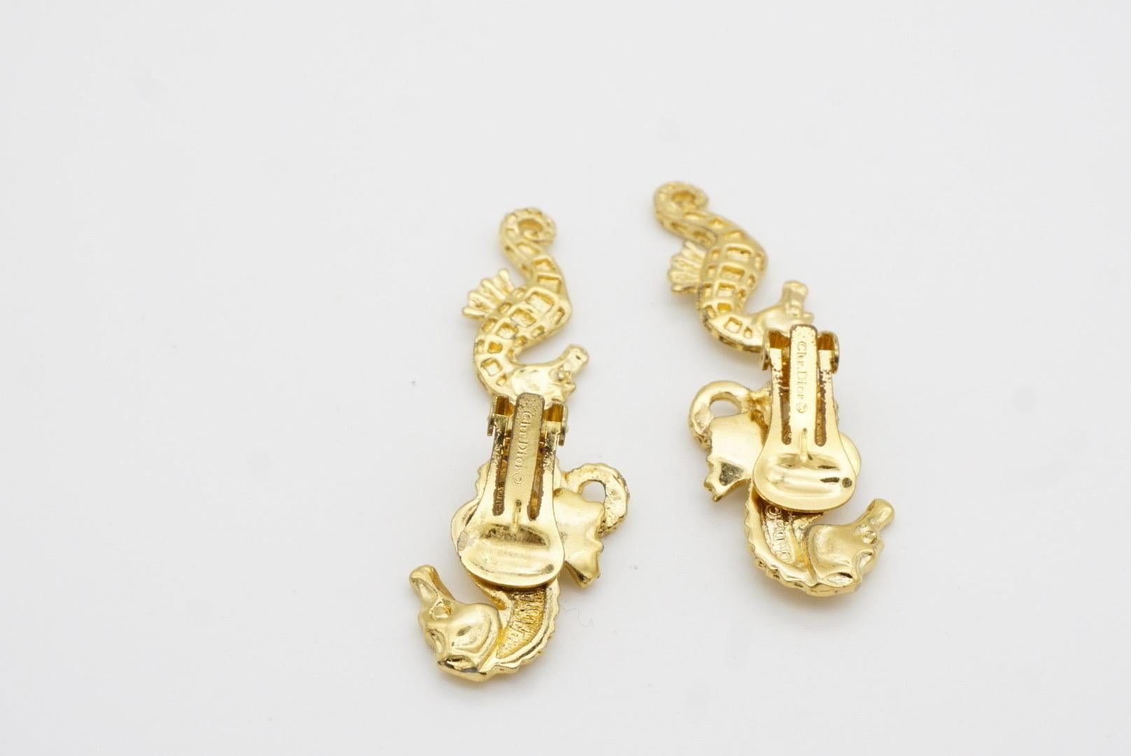 Christian Dior 1980s Vintage Relief Double Seahorse Long Dangle Clip Earrings For Sale 7