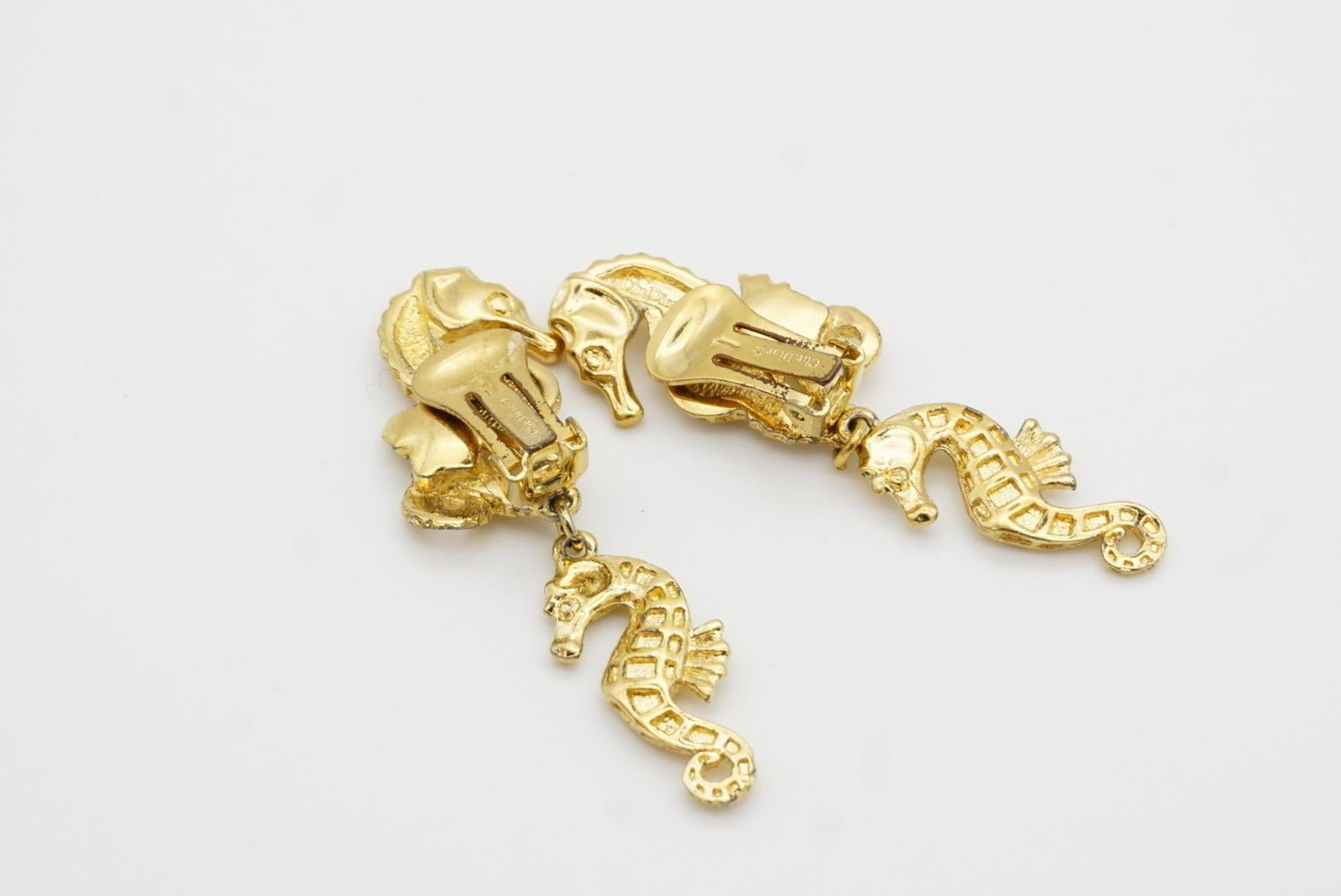 Christian Dior 1980s Vintage Relief Double Seahorse Long Dangle Clip Earrings For Sale 8
