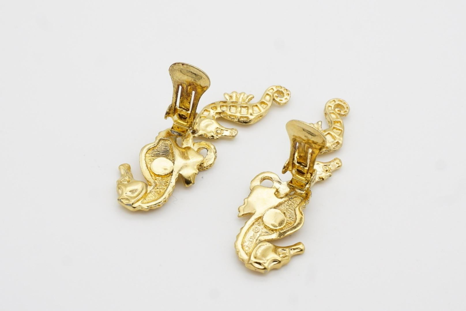 Christian Dior 1980s Vintage Relief Double Seahorse Long Dangle Clip Earrings For Sale 9
