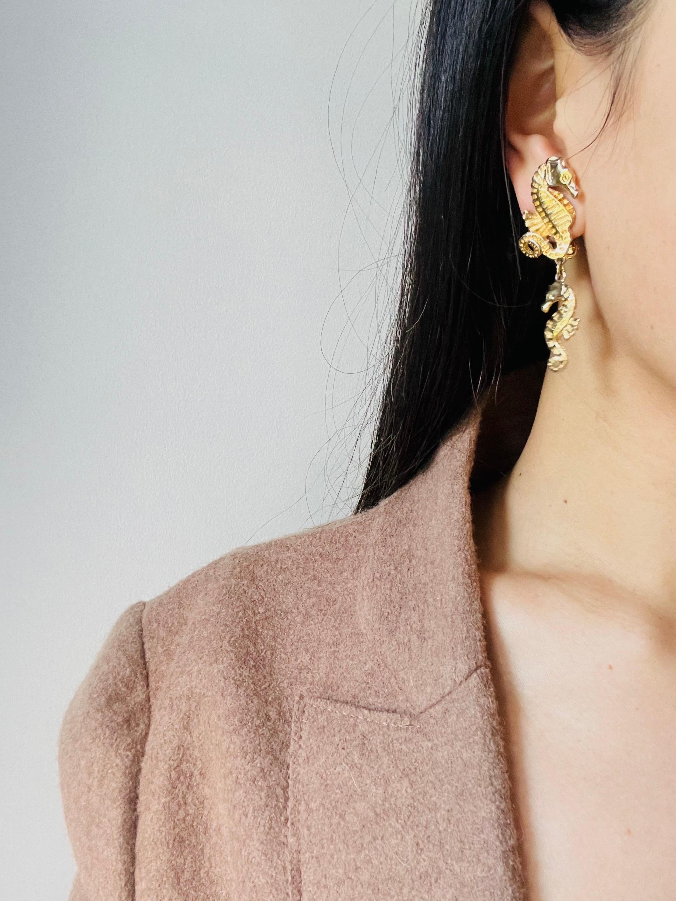 Women's Christian Dior 1980s Vintage Relief Double Seahorse Long Dangle Clip Earrings For Sale