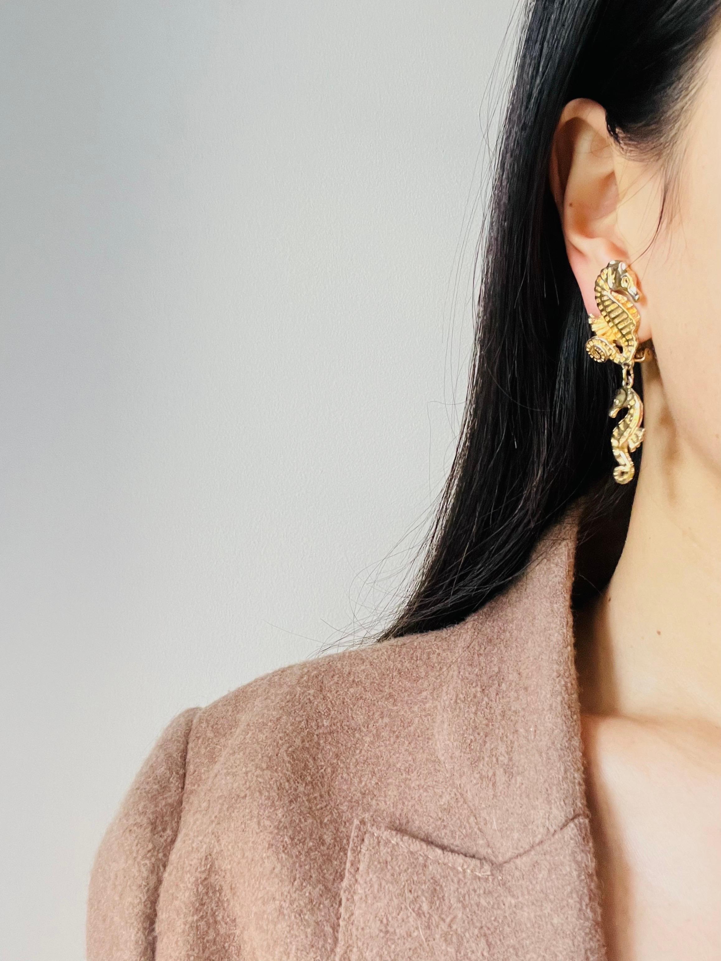 Christian Dior 1980s Vintage Relief Double Seahorse Long Dangle Clip Earrings For Sale 1