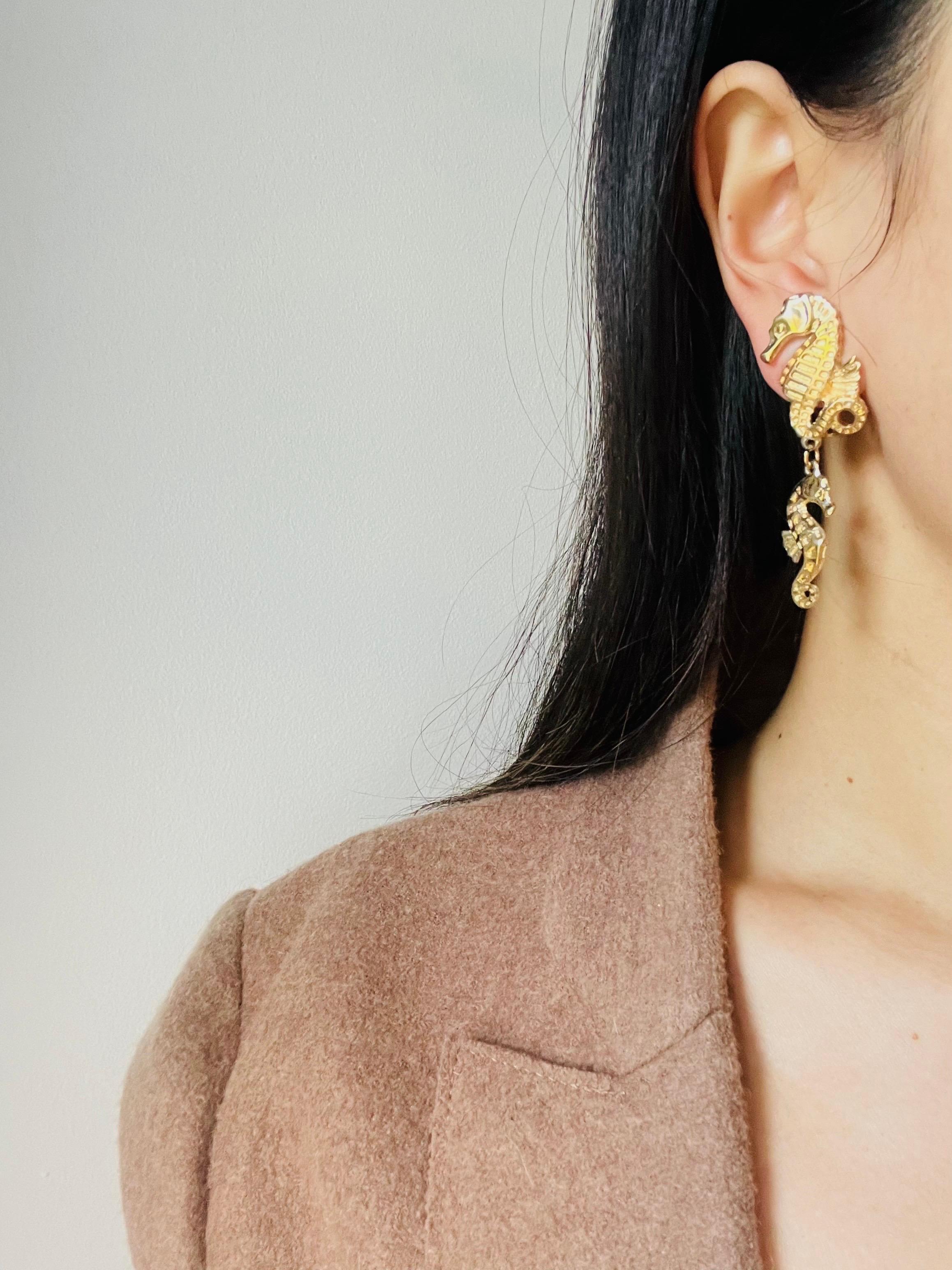 Christian Dior 1980s Vintage Relief Double Seahorse Long Dangle Clip Earrings For Sale 2
