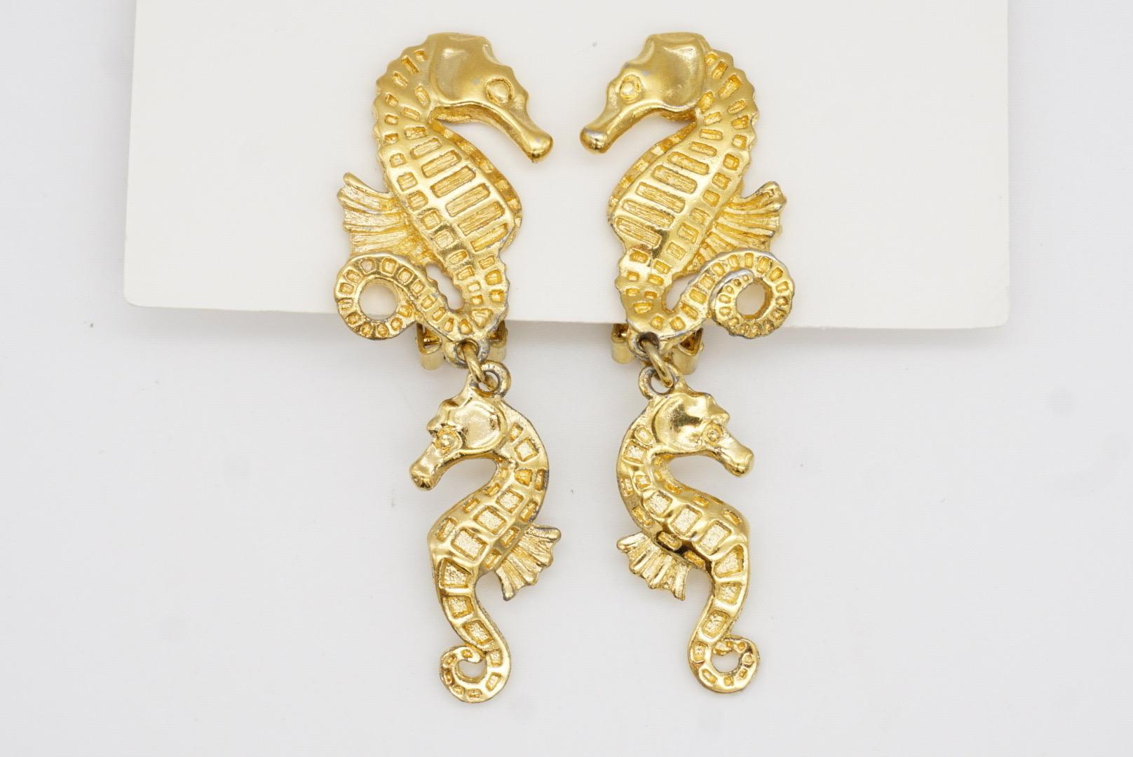 Christian Dior 1980s Vintage Relief Double Seahorse Long Dangle Clip Earrings For Sale 3