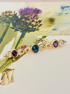 Christian Dior 1980s Vintage Sapphire Amethyst Oval Crystals Interlocked Brooch