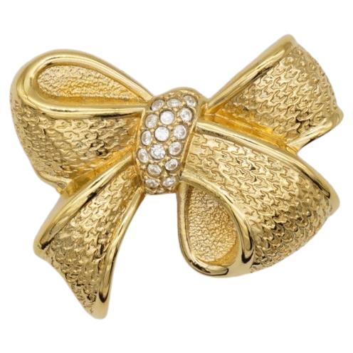 Christian Dior 1980s Vintage Textured Knot Bow Ribbon Gold Crystals Brooch, New