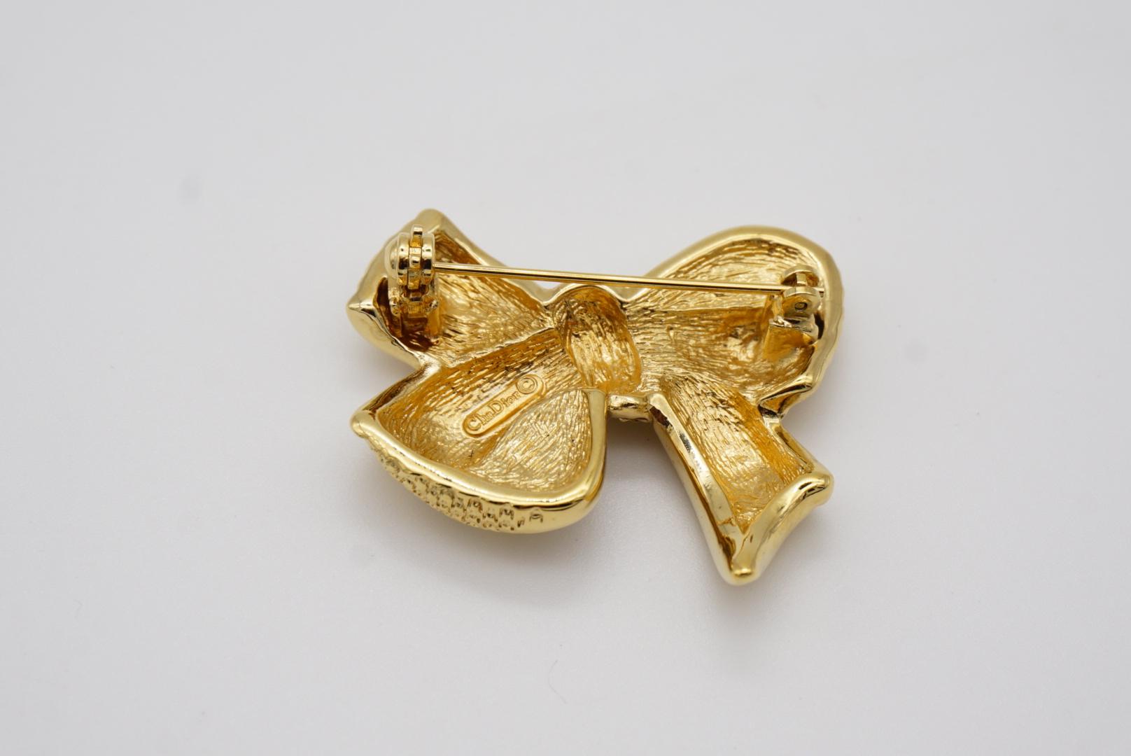 Christian Dior 1980s Vintage Textured Knot Bow Ribbon Crystals Gold Brooch New 7