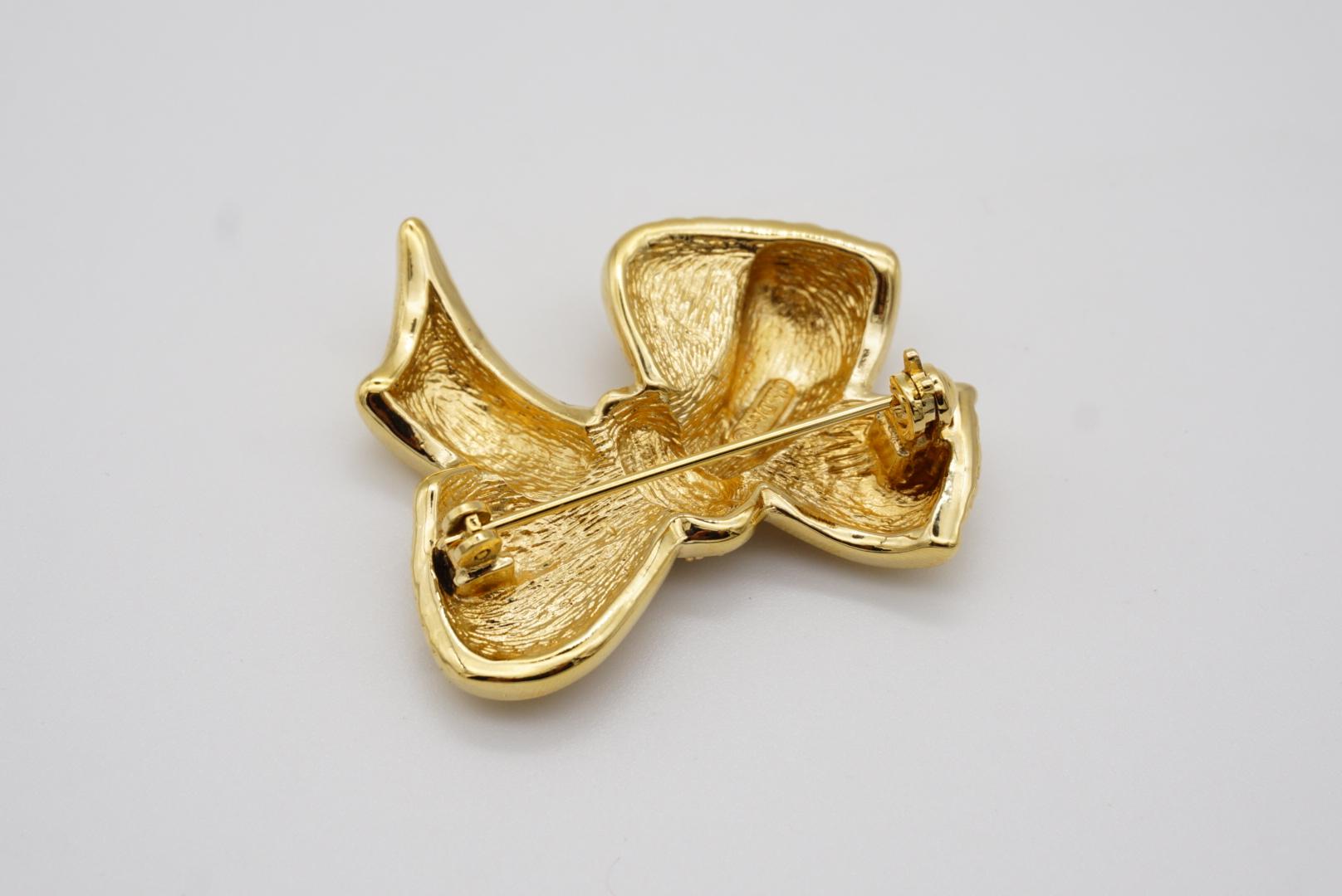 Christian Dior 1980s Vintage Textured Knot Bow Ribbon Crystals Gold Brooch New 8