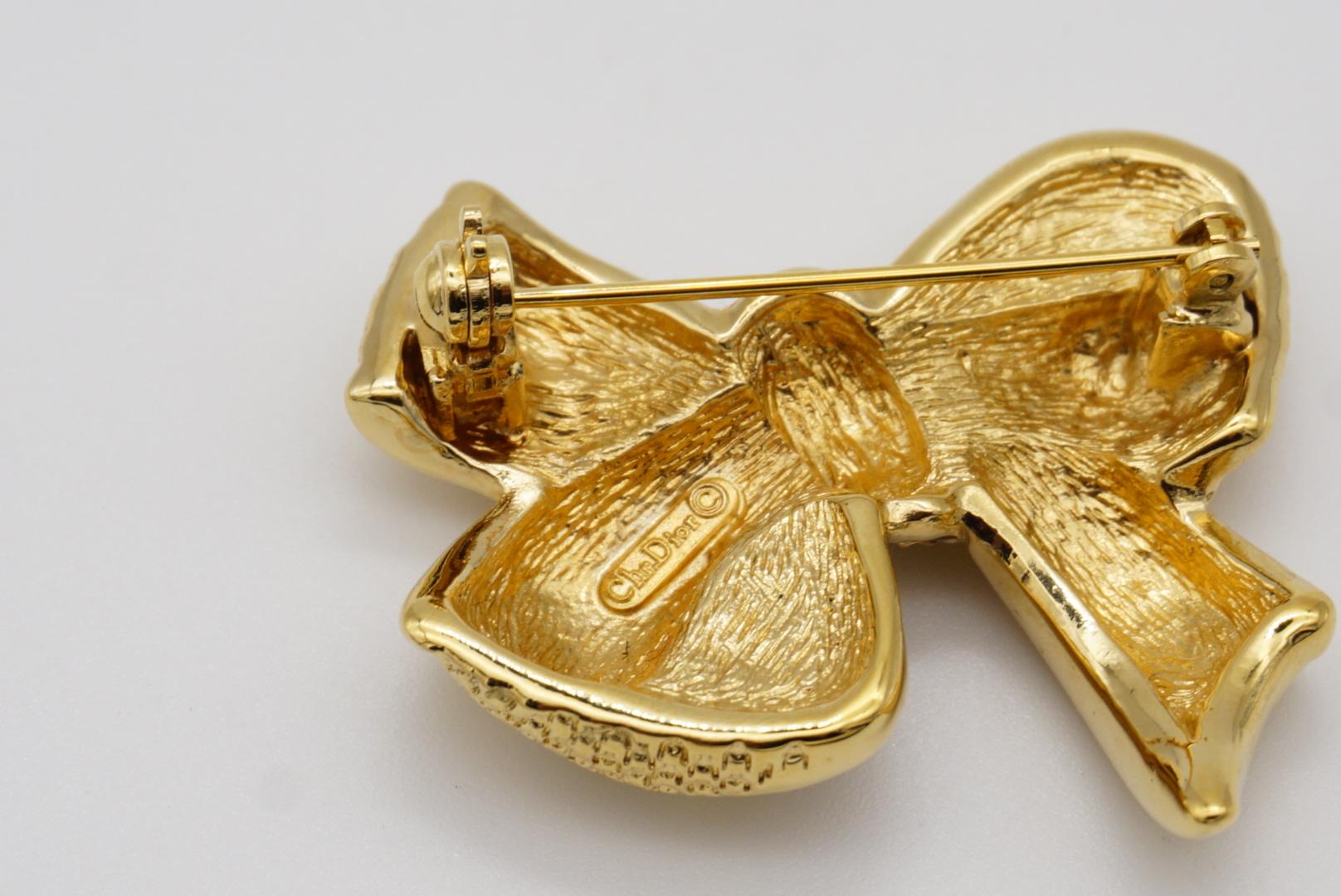 Christian Dior 1980s Vintage Textured Knot Bow Ribbon Crystals Gold Brooch New 9