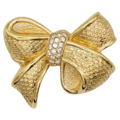 Christian Dior 1980s Vintage Textured Knot Bow Ribbon Crystals Gold Brooch New