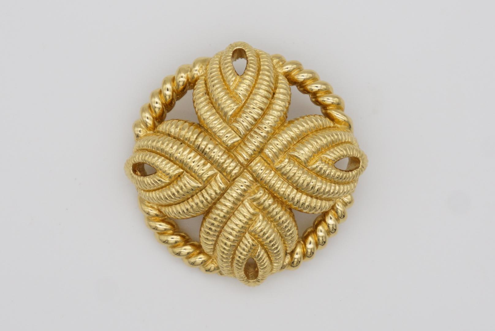 Christian Dior 1980s Vintage Textured Round Openwork Twist Knot Bow Gold Brooch For Sale 1