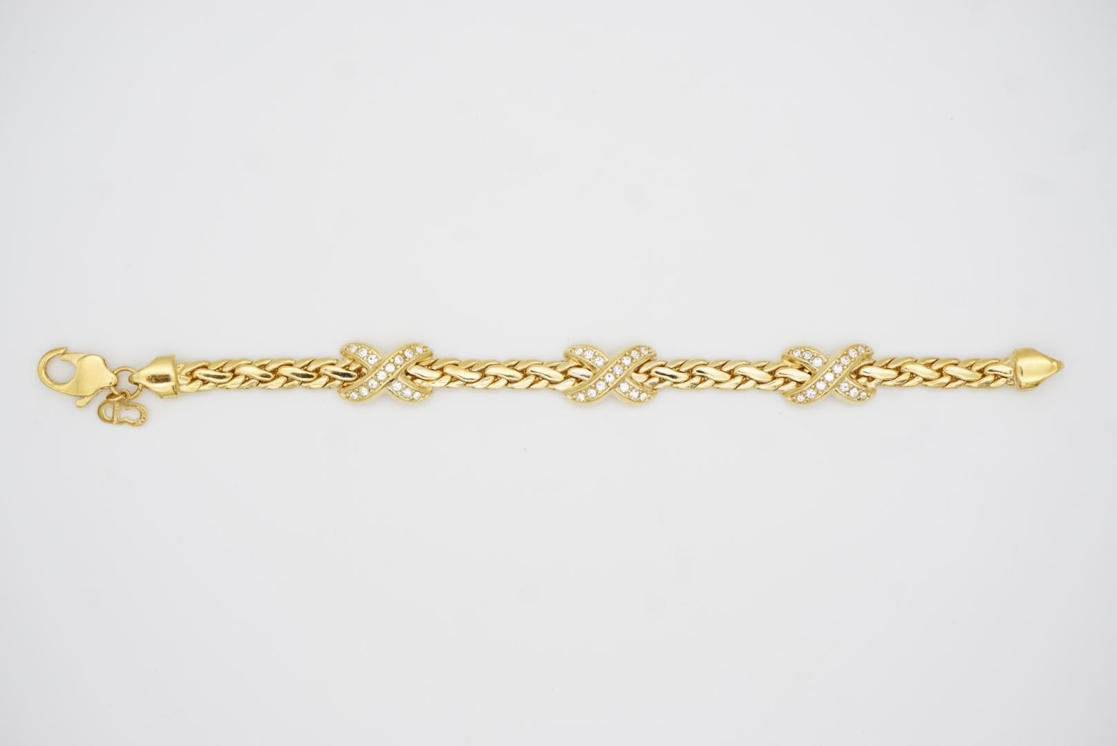 Christian Dior 1980s Vintage Trio Kiss Cross X Link Crystals Gold Omega Bracelet 5