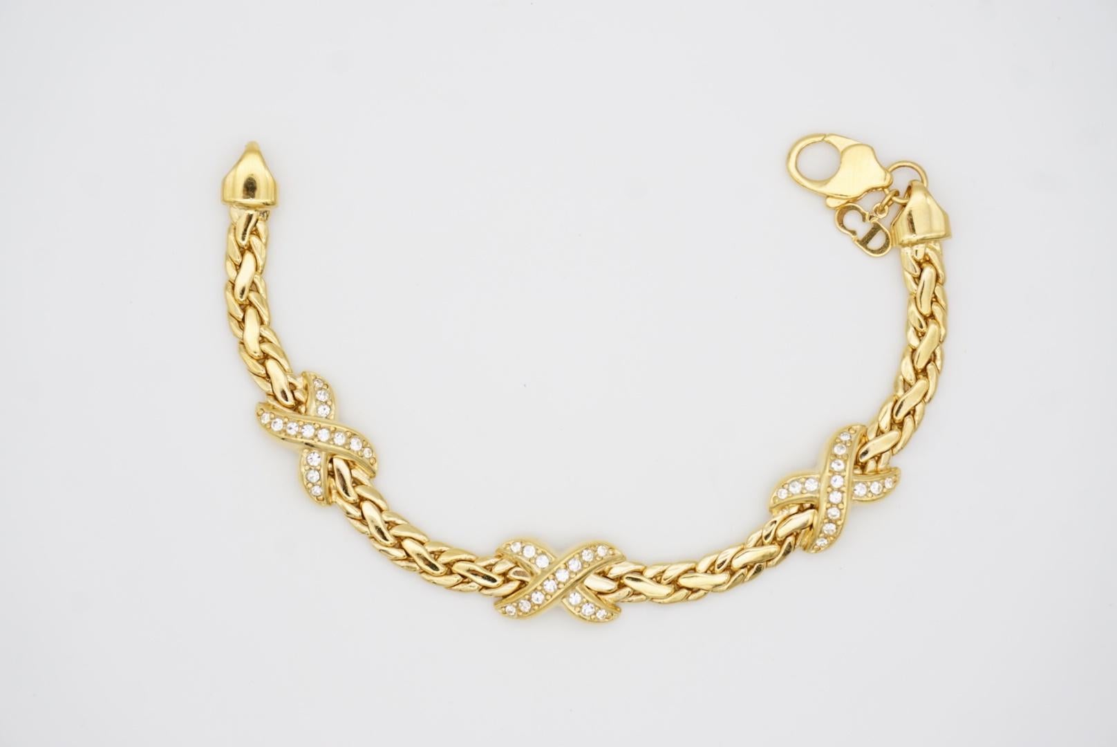 Christian Dior 1980s Vintage Trio Kiss Cross X Link Crystals Gold Omega Bracelet 6