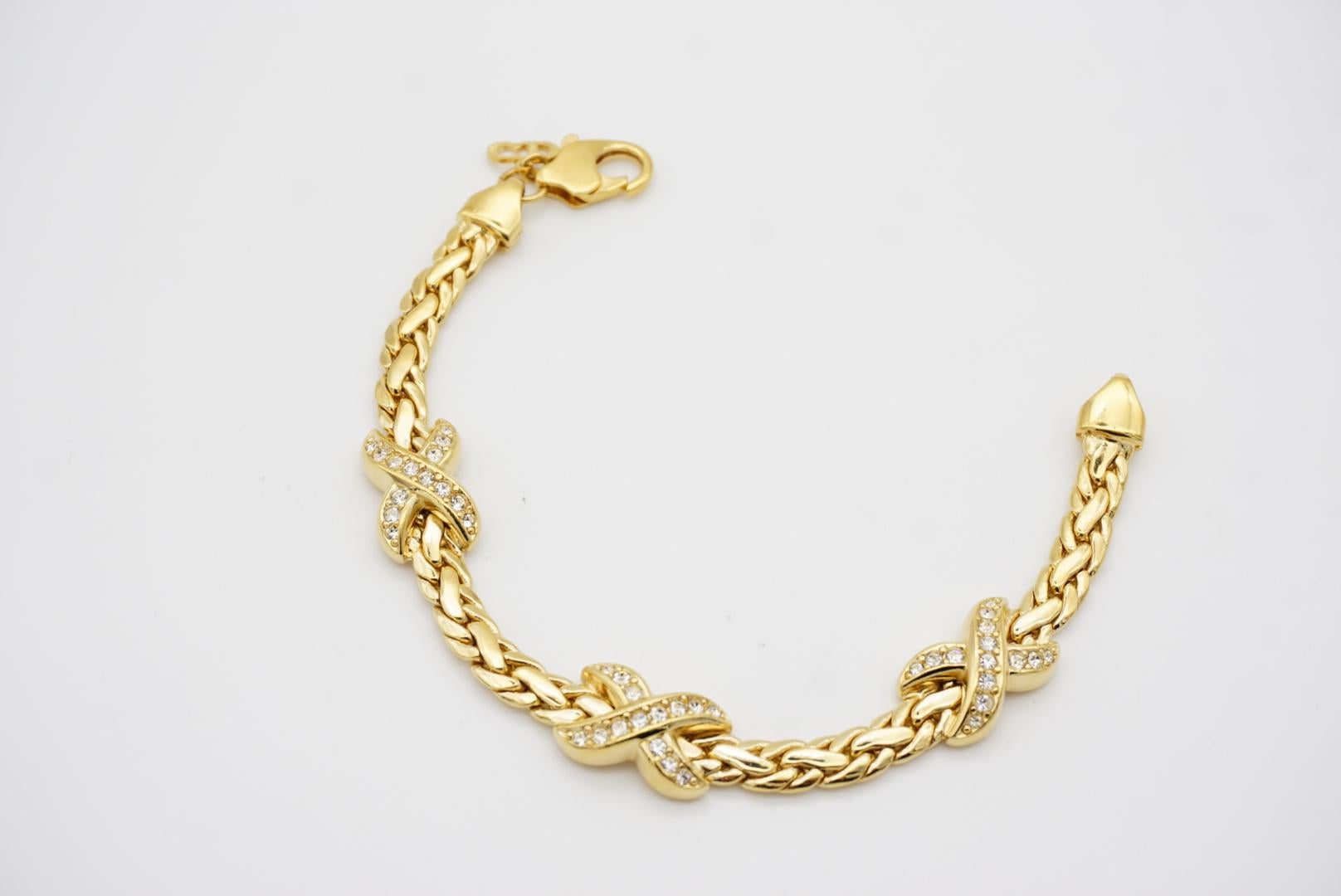 Christian Dior 1980s Vintage Trio Kiss Cross X Link Crystals Gold Omega Bracelet 7