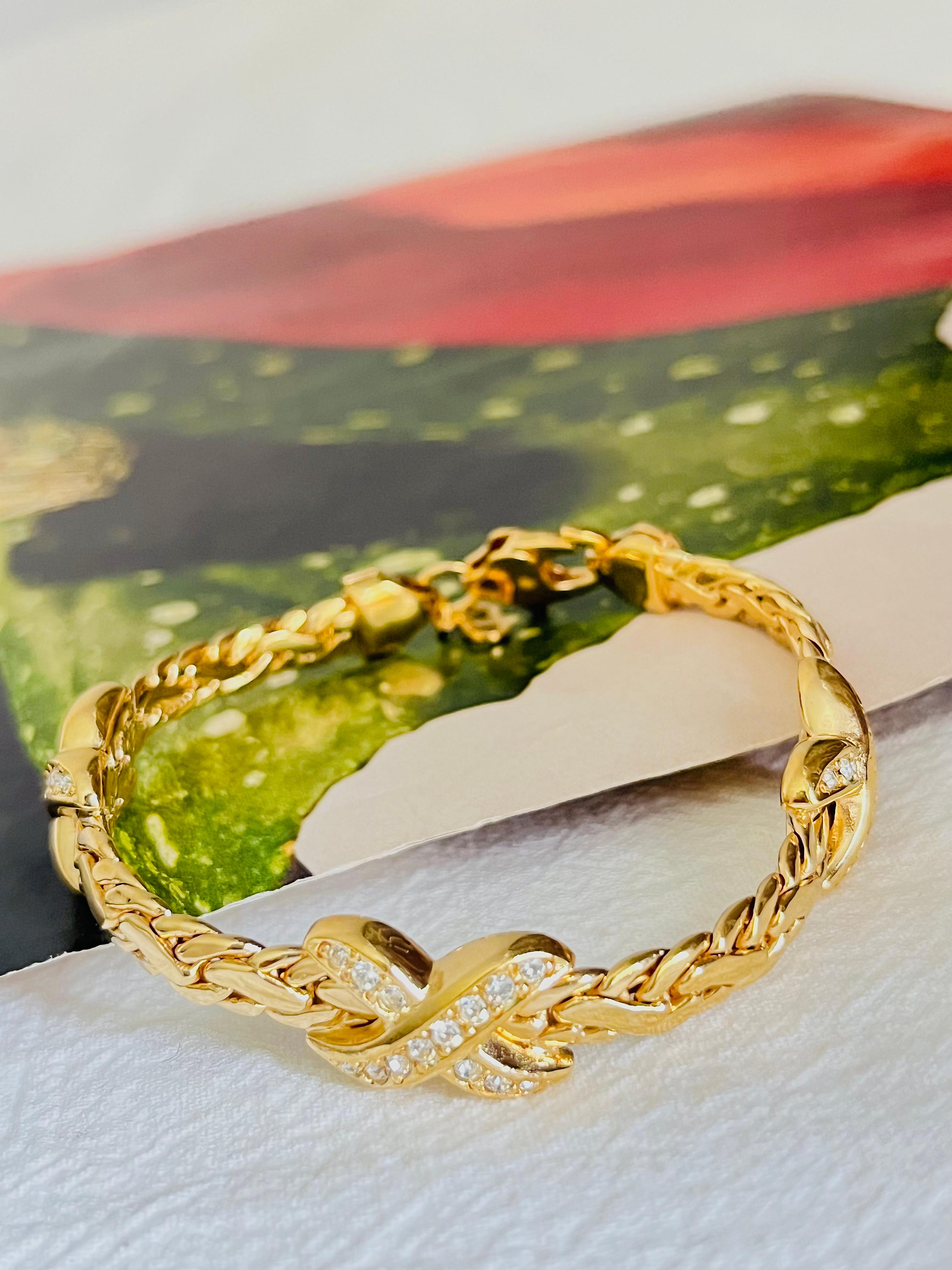 Art Deco Christian Dior 1980s Vintage Trio Kiss Cross X Link Crystals Gold Omega Bracelet