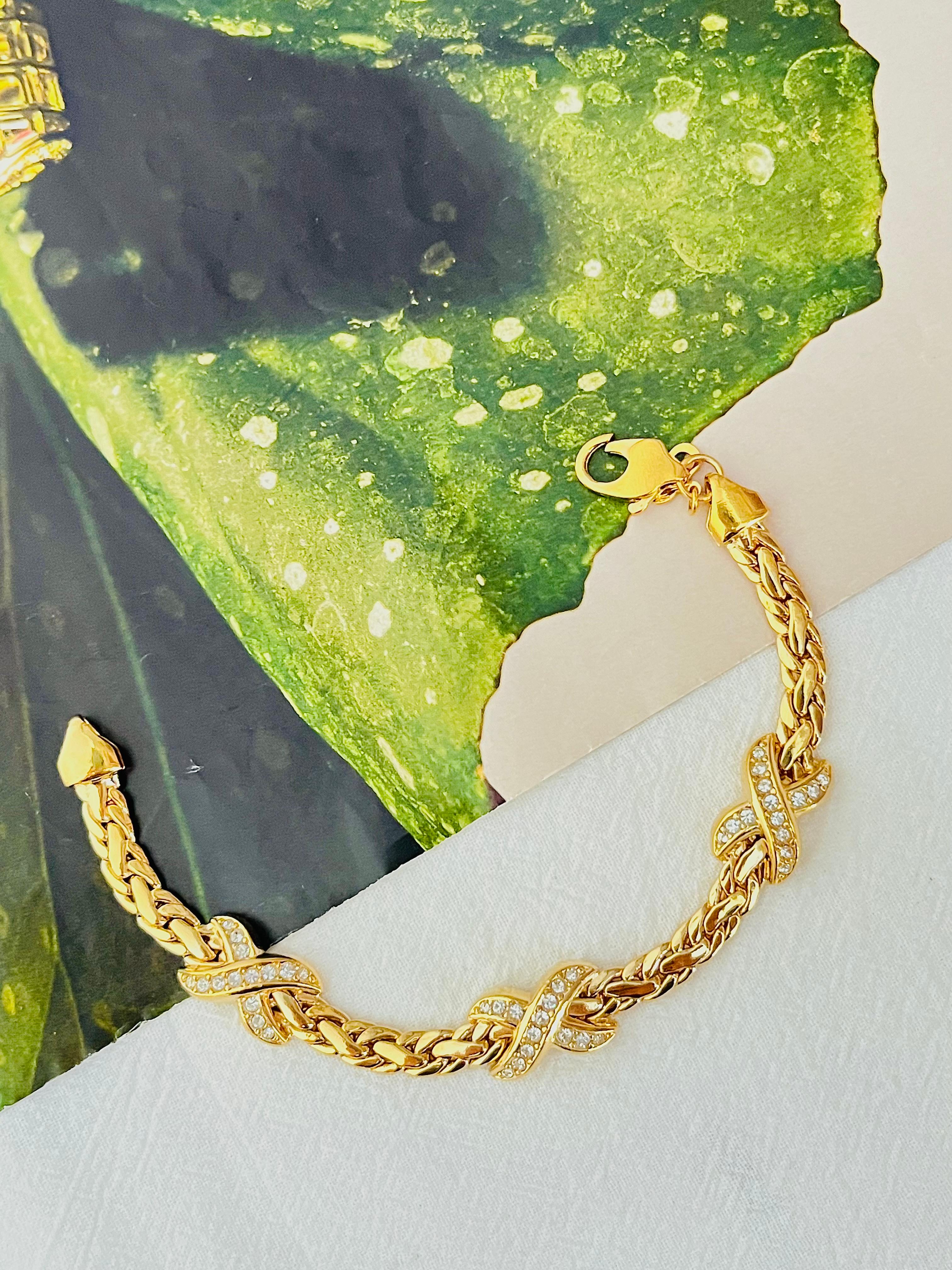 Christian Dior 1980s Vintage Trio Kiss Cross X Link Crystals Gold Omega Bracelet In Excellent Condition In Wokingham, England