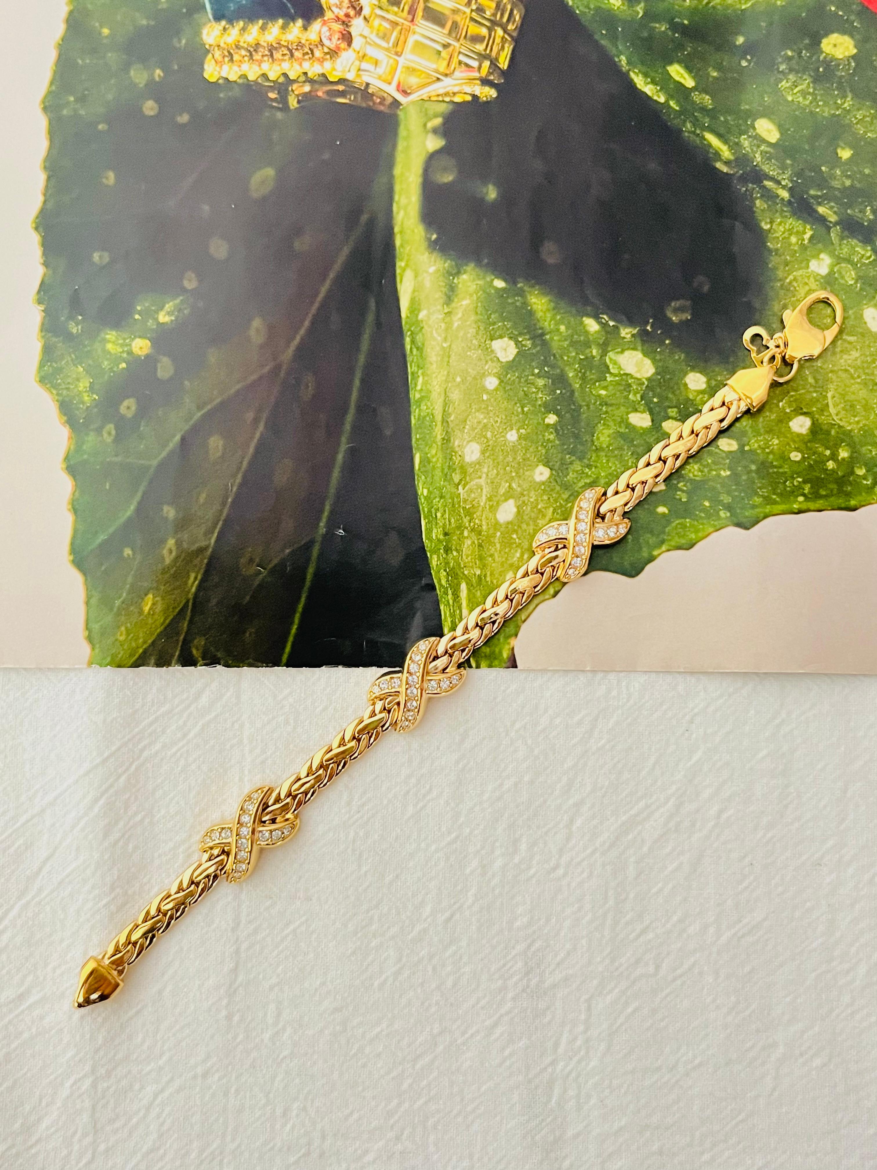 Women's or Men's Christian Dior 1980s Vintage Trio Kiss Cross X Link Crystals Gold Omega Bracelet