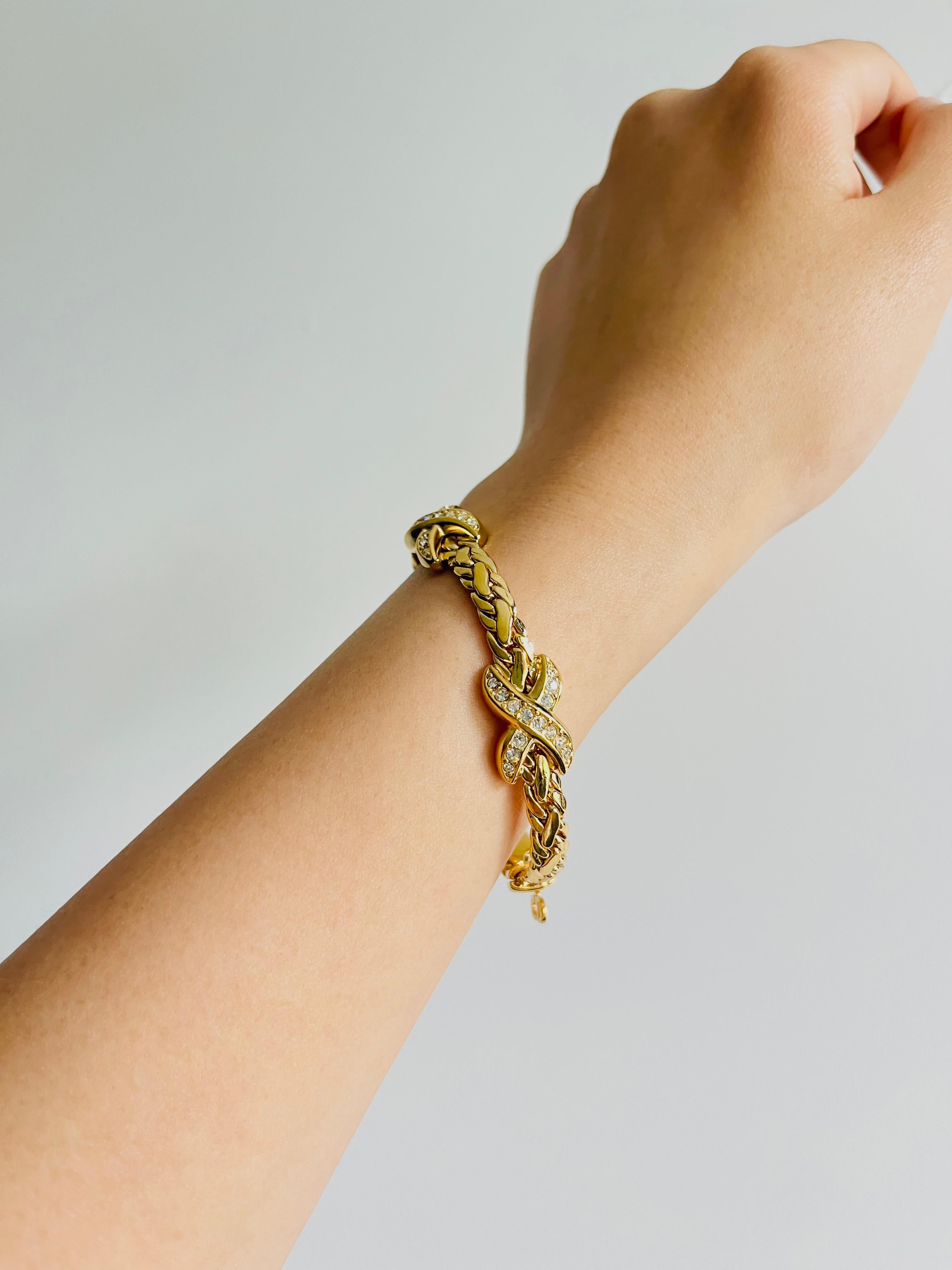 Christian Dior 1980s Vintage Trio Kiss Cross X Link Crystals Gold Omega Bracelet 3