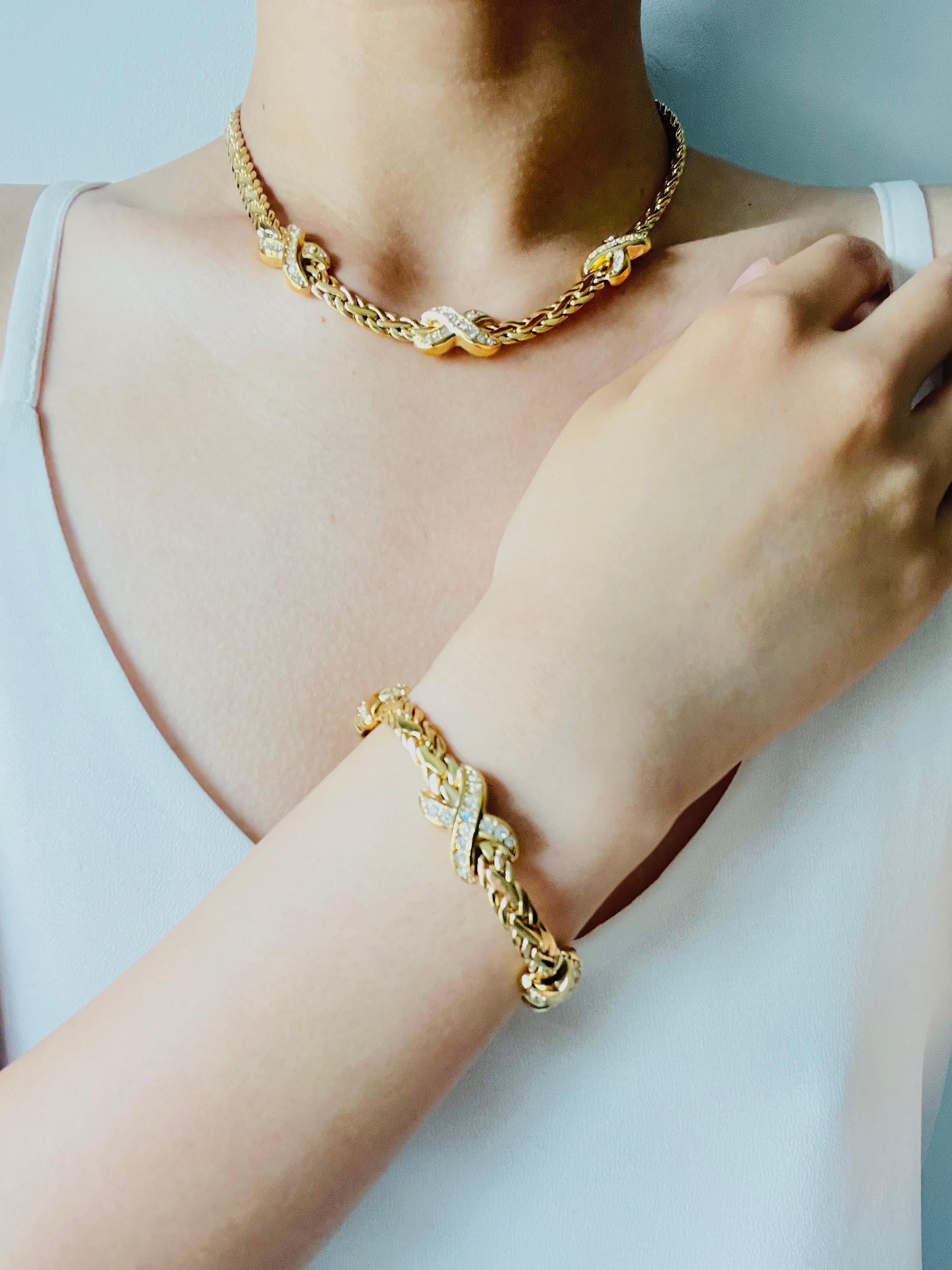 Christian Dior 1980s Vintage Trio Kiss Cross X Link Crystals Gold Omega Bracelet 4
