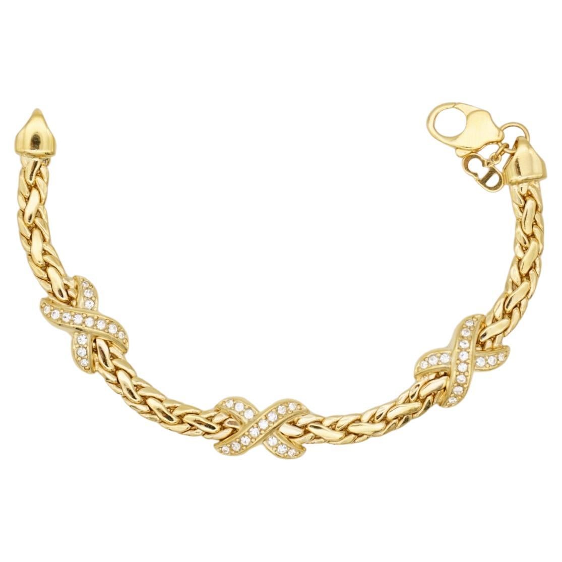 Christian Dior 1980s Vintage Trio Kiss Cross X Link Crystals Gold Omega Bracelet