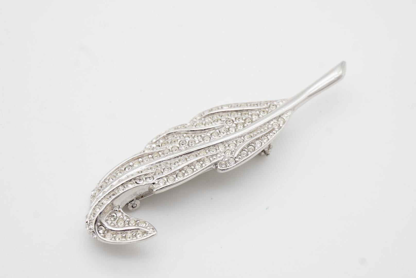 Christian Dior 1980s Vintage Vivid Wavy Crystal Long Feather Leaf Silver Brooch For Sale 5
