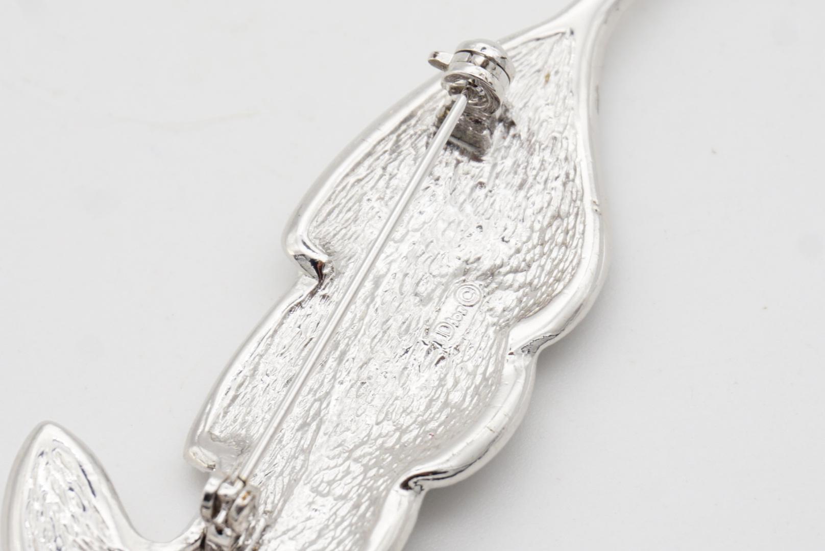 Christian Dior 1980s Vintage Vivid Wavy Crystal Long Feather Leaf Silver Brooch For Sale 8