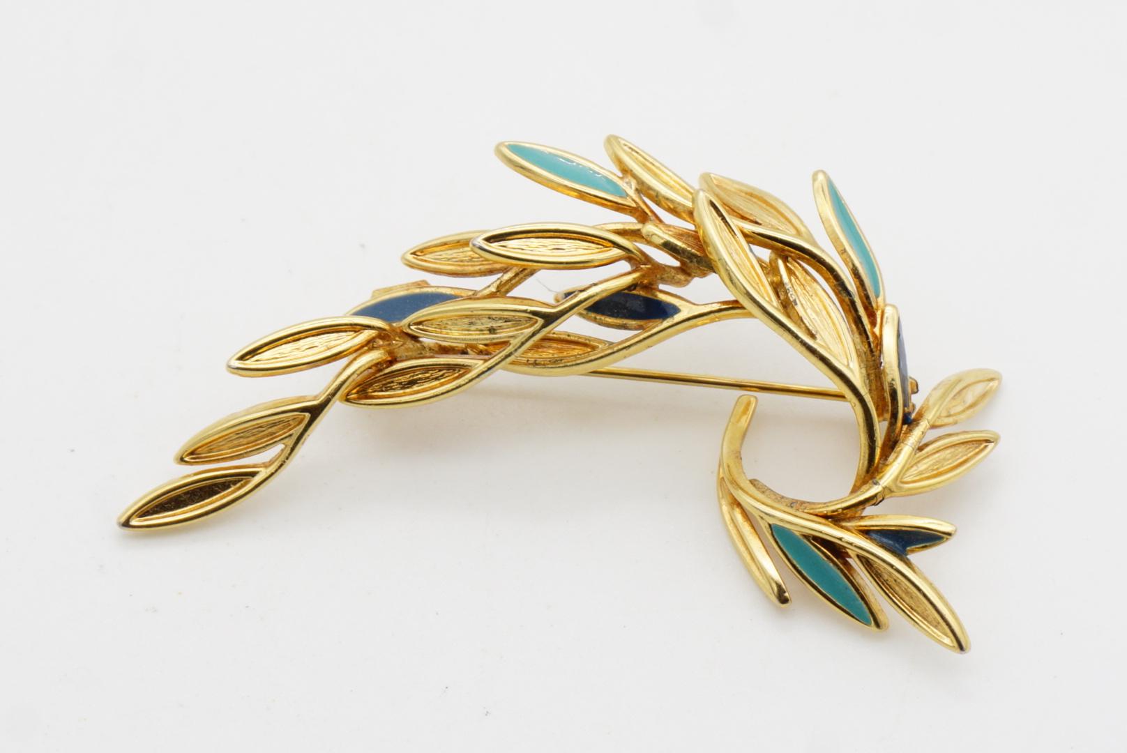 Christian Dior 1980s Vintage Broche ondulado remolino hoja turquesa azul marino pavo real pájaro en venta 12