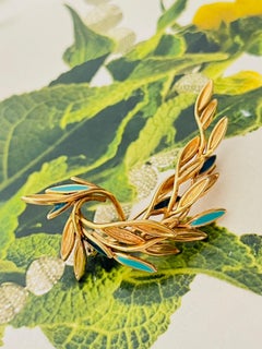 Christian Dior 1980s Vintage Wavy Swirl Leaf Turquoise Navy Peacock Bird Brooch