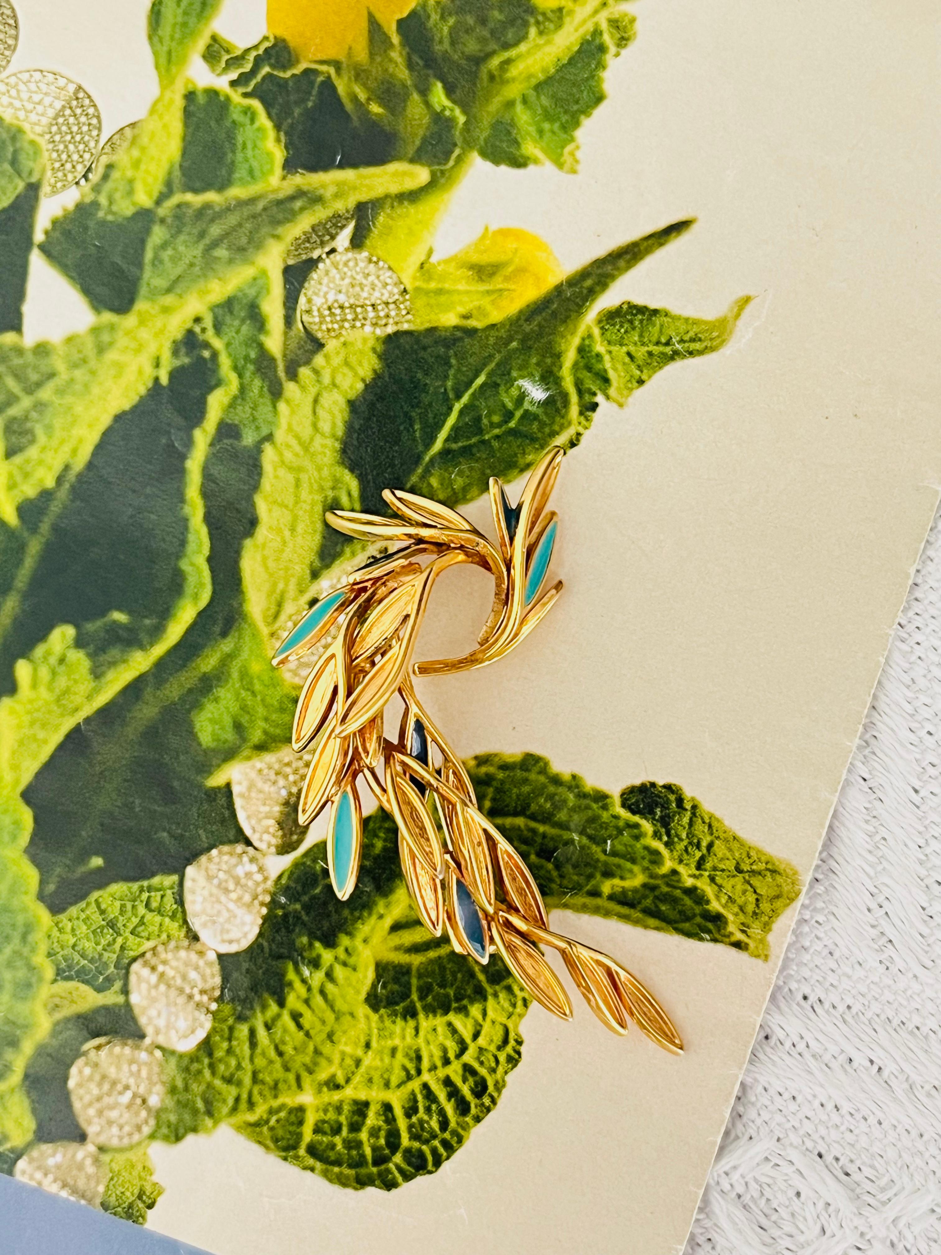 Christian Dior 1980s Vintage Broche ondulado remolino hoja turquesa azul marino pavo real pájaro Art Decó en venta