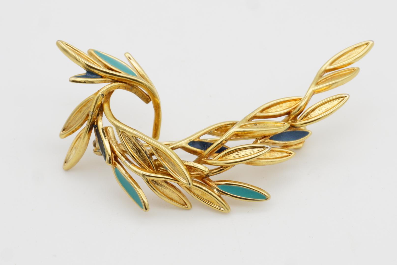 Christian Dior 1980s Vintage Broche ondulado remolino hoja turquesa azul marino pavo real pájaro en venta 3