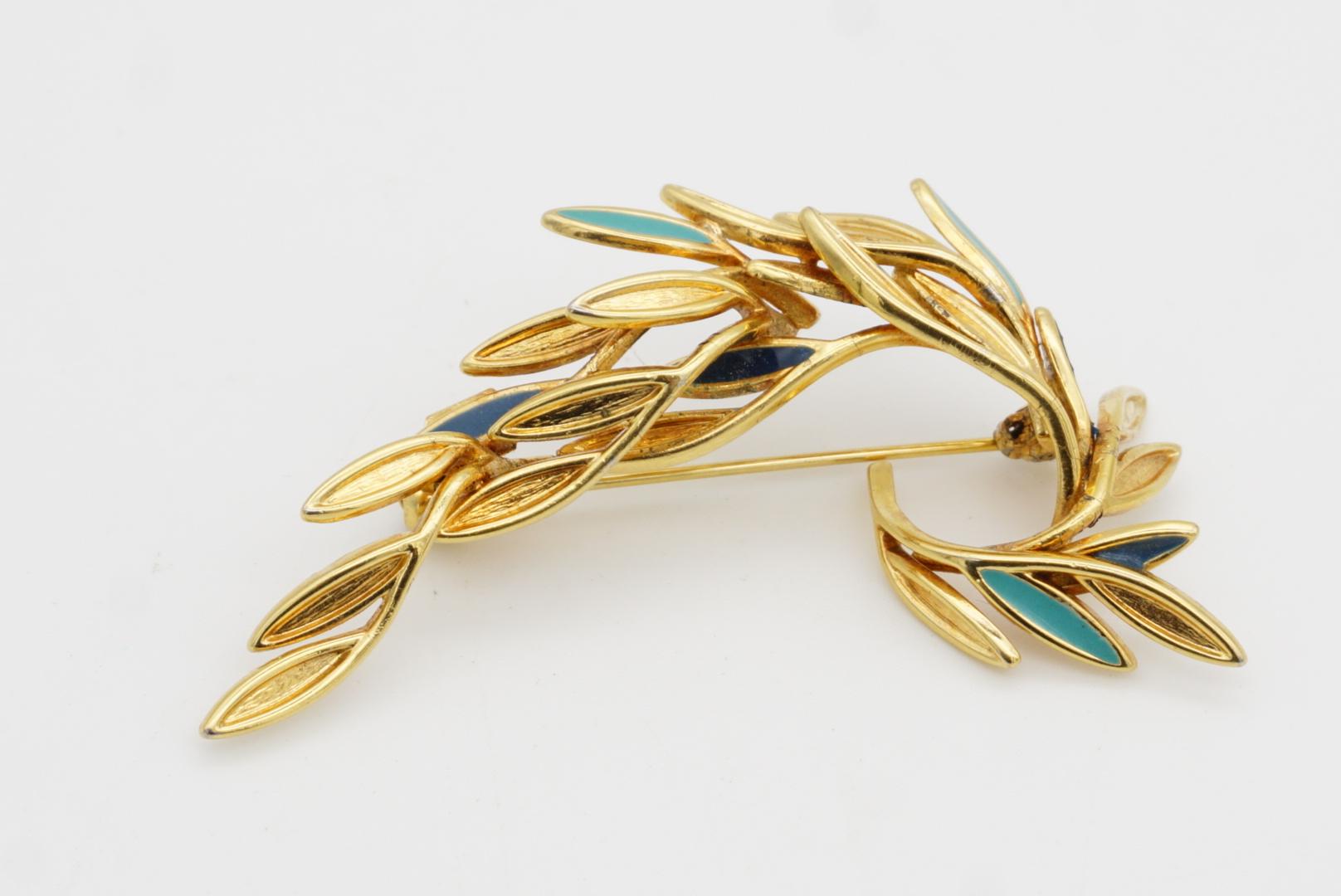 Christian Dior 1980s Vintage Broche ondulado remolino hoja turquesa azul marino pavo real pájaro en venta 4