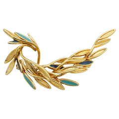 Christian Dior 1980s Vintage Wavy Swirl Leaf Turquoise Navy Peacock Bird Brooch