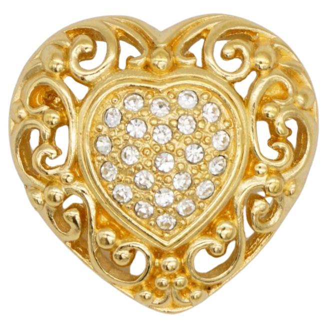 Christian Dior 1980s Vintage White Crystals Heart Love Openwork Carved Brooch For Sale