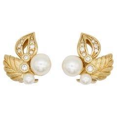 Christian Dior 1980s Vintage White Pearls Crystals Flower Double Leaf Earrings