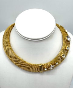 Christian Dior 1980s Woven Gold Mesh & Rhinestone Accent Collar Necklace