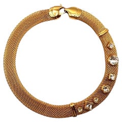 Christian Dior 1980s Woven Gold Mesh & Rhinestone Accent Collar Necklace