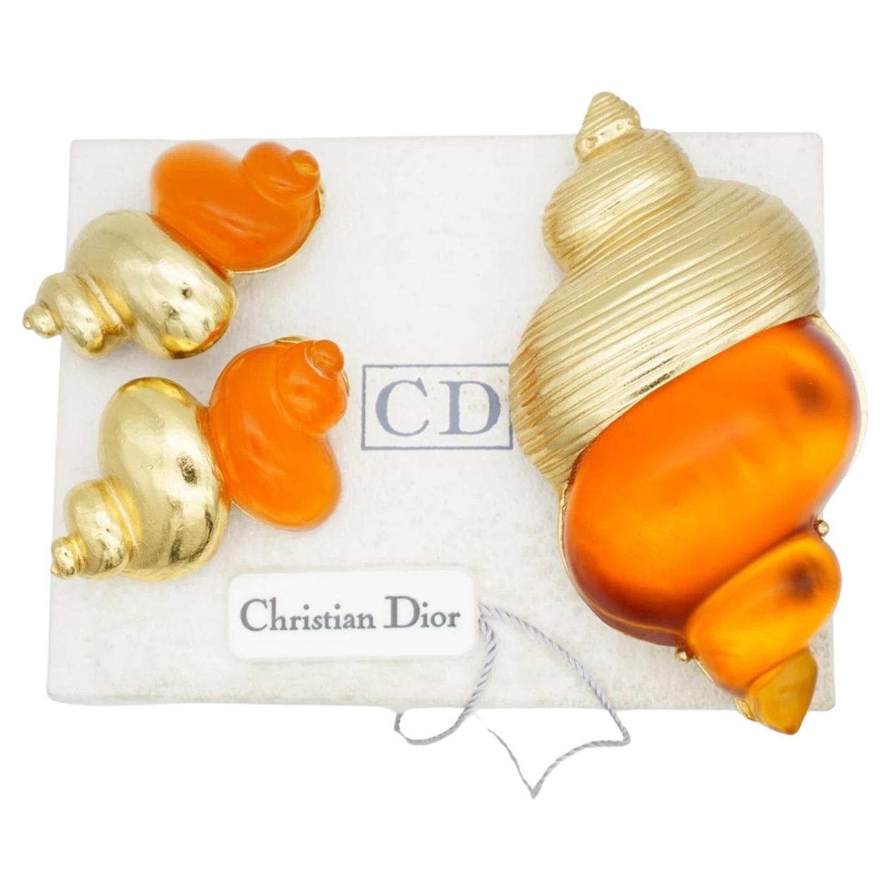 Christian Dior 1987 Robert Goossen Huge Cabochon Jelly Belly Orange Shell 2 Set For Sale