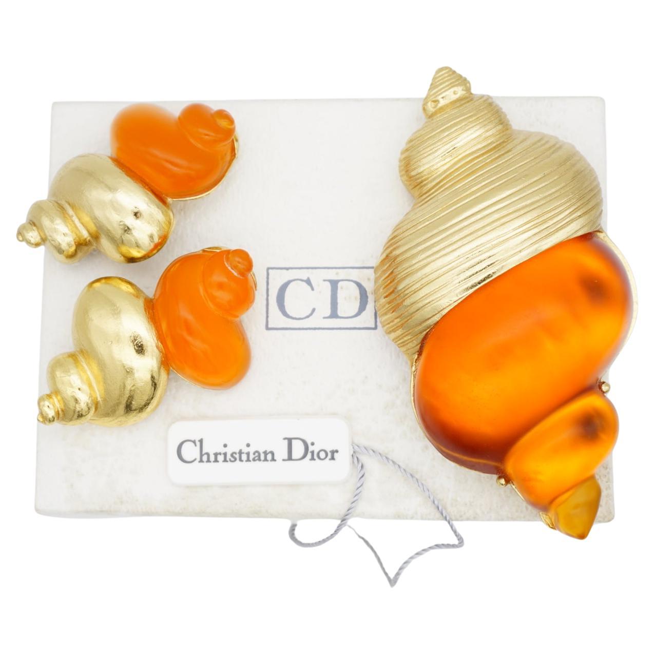 Christian Dior 1987 Robert Goossens Jelly Belly Orange Shell Set Brosche Ohrringe