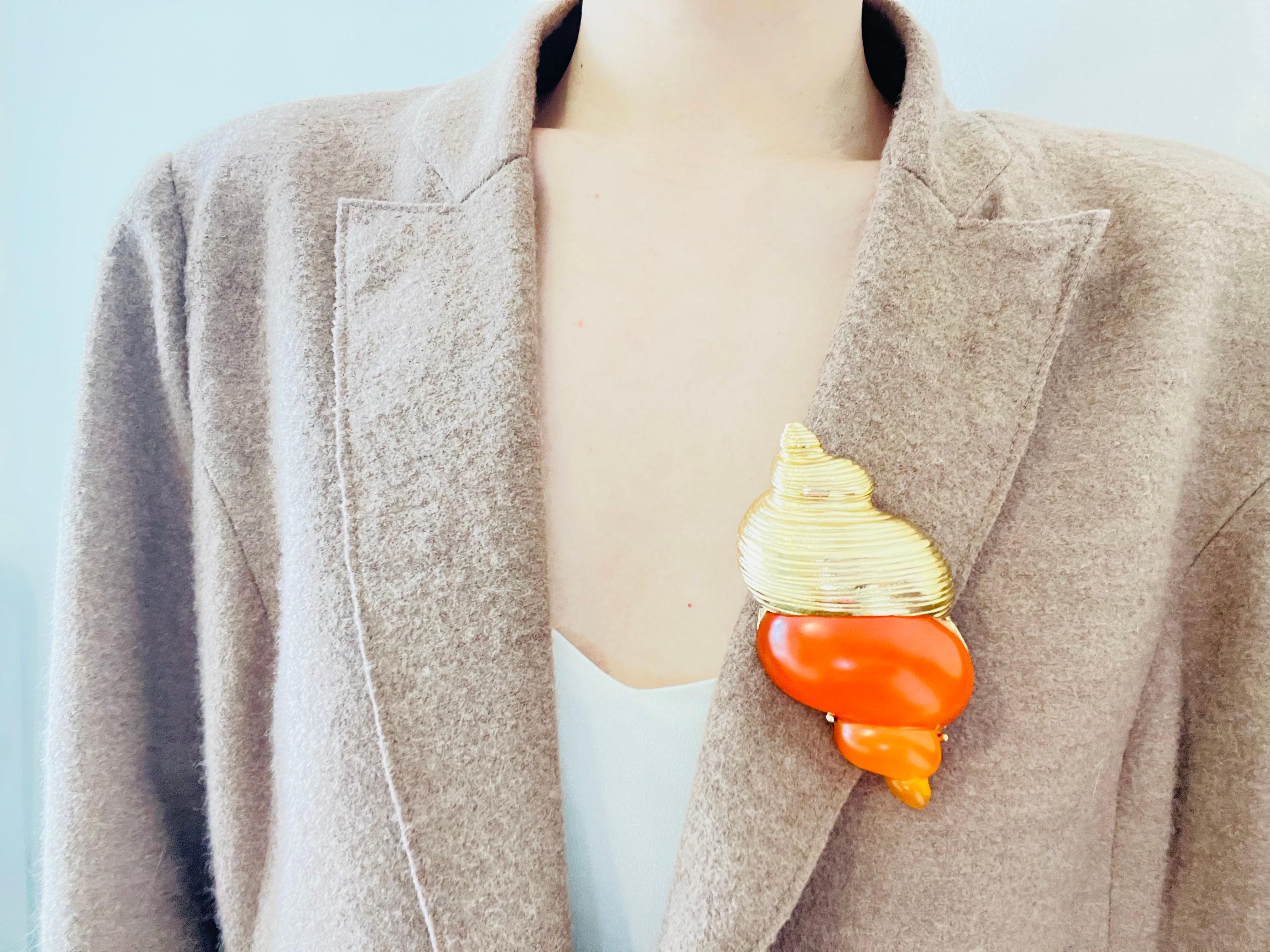 Christian Dior 1987 Robert Goossen Orange Muschelschale Conch Torch Jelly Belly Brosche 2
