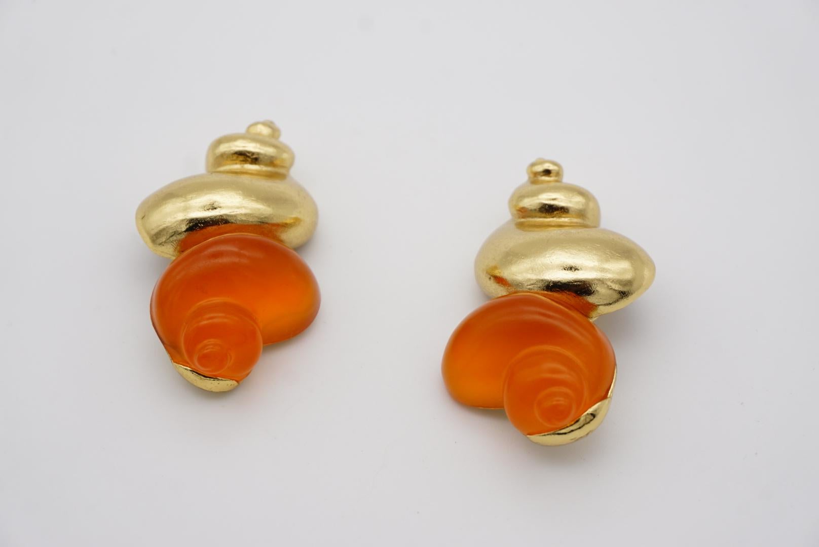 Christian Dior 1987 Robert Goossen Shell Conch Torch Jelly Orange Gold Earrings For Sale 3