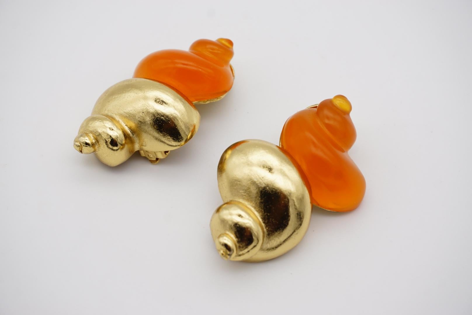 Christian Dior 1987 Robert Goossen Shell Conch Torch Jelly Orange Gold Earrings For Sale 4